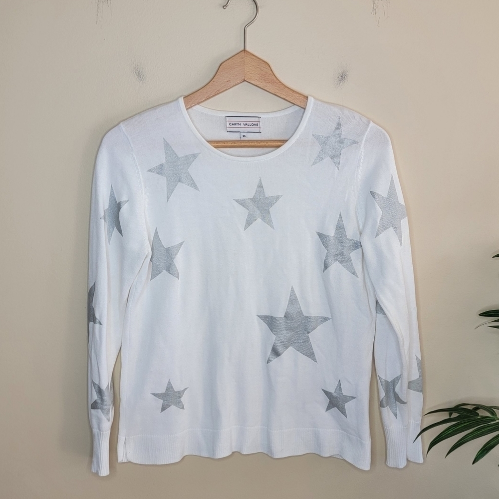 Caryn Vallone | White Long Sleeve Sweater with Silver Star Print Size XS
